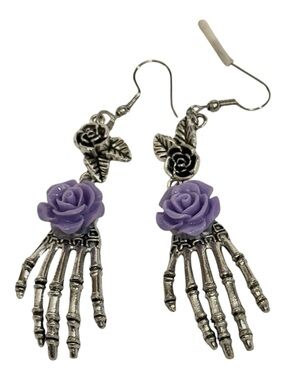NWT Halloween Silver Skeleton Hand Earrings with Purple Rose Accent